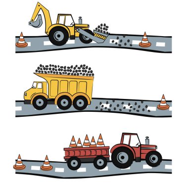 sarı traktör ve beton mikser ve buldozer yolda ile sorunsuz Yazdır