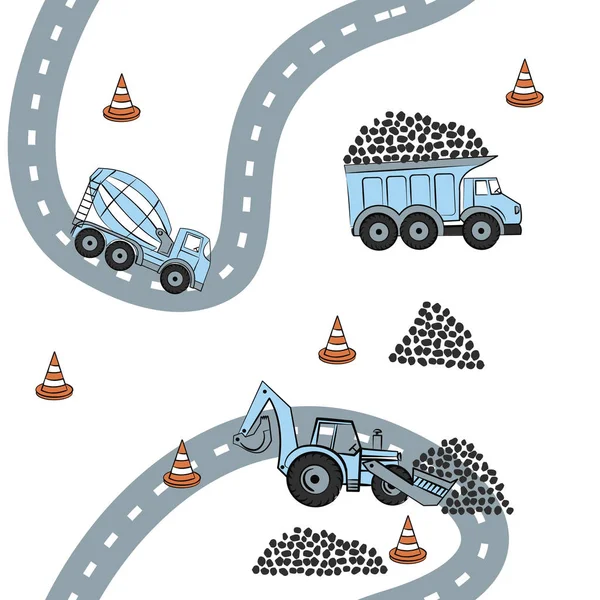 Modèle Sans Couture Avec Tracteur Bleu Bétonnière Bulldozer Sur Route — Image vectorielle