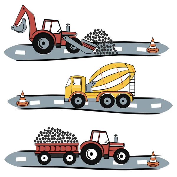 Sárga Traktor Betonkeverő Buldózer Úton Nyomtatása — Stock Vector