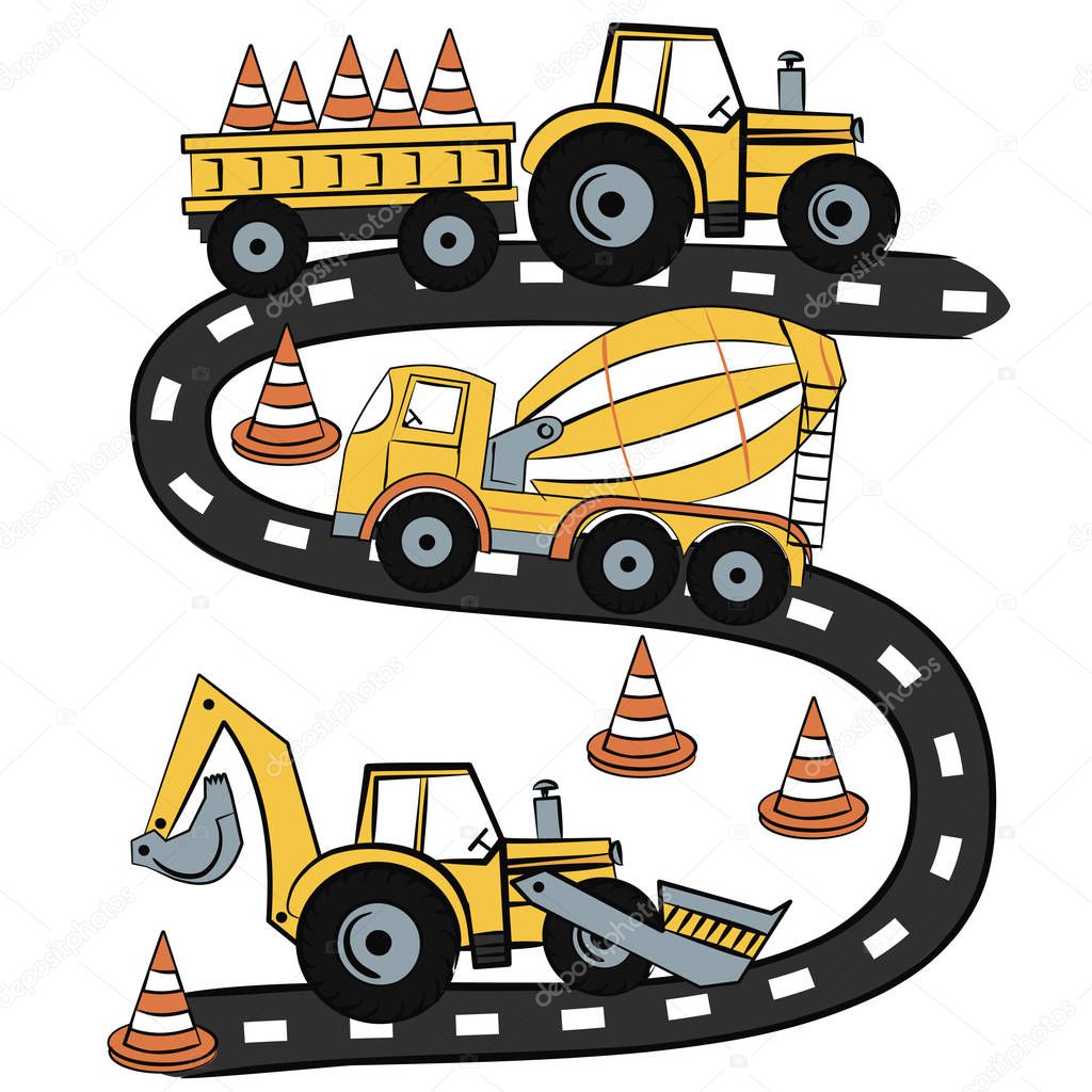 print with yellow tractor and concrete mixer and bulldozer on road 