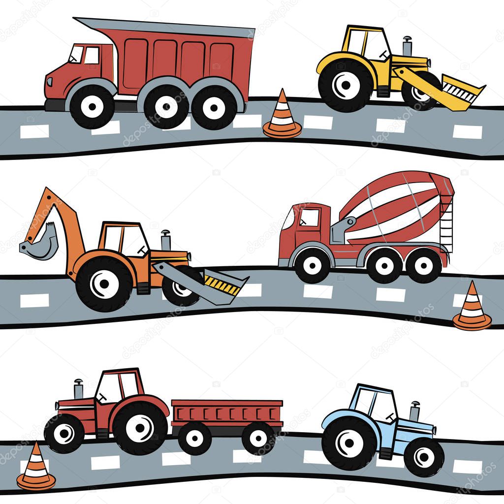 Print seamless with yellow tractor and concrete mixer and bulldozer on road