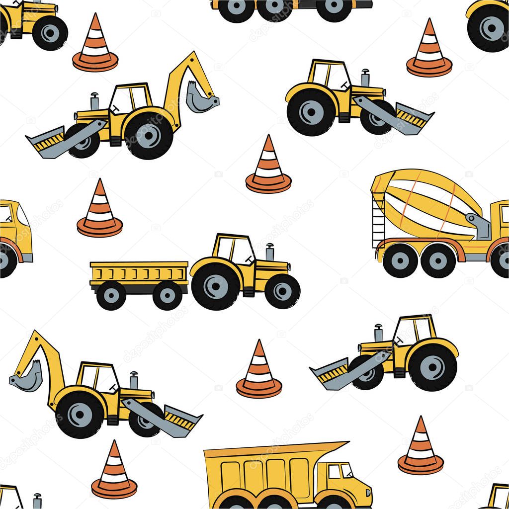 seamless pattern with yellow tractor and concrete mixer and bulldozer