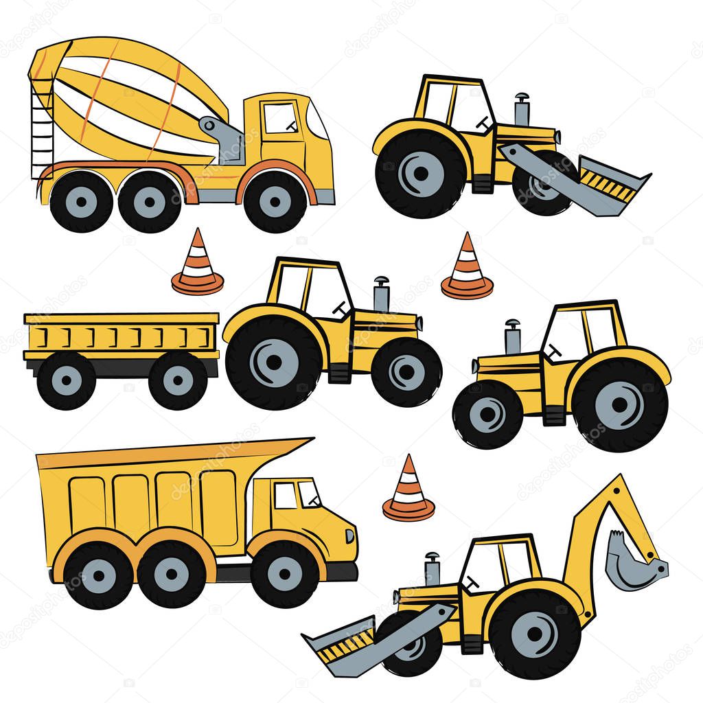 set with yellow tractor and concrete mixer and bulldozer 