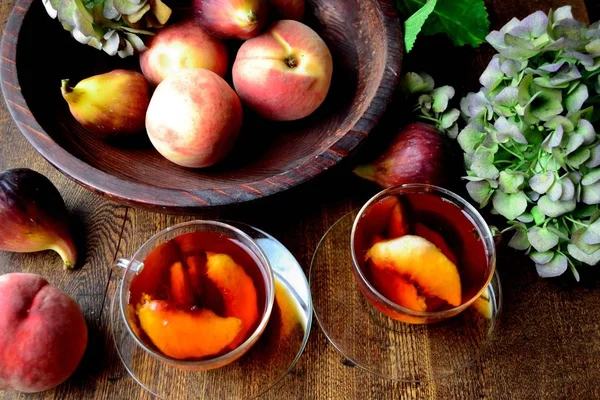 Peach tea,peaches,figs and hydrangeas