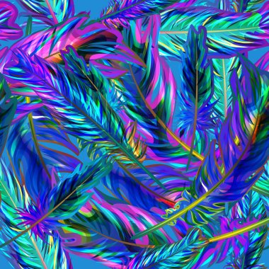 Parlak kuş tüyleriyle parlak, kusursuz vektör deseni. Geçmişi. Doku 