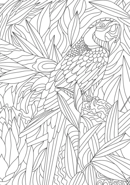 Outline Parrot Floral Pattern — Stock Vector