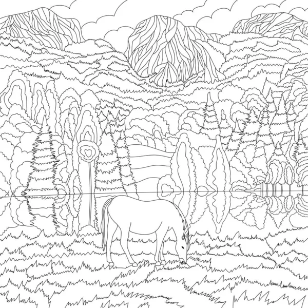 Ilustración para colorear con paisaje con caballo — Archivo Imágenes Vectoriales
