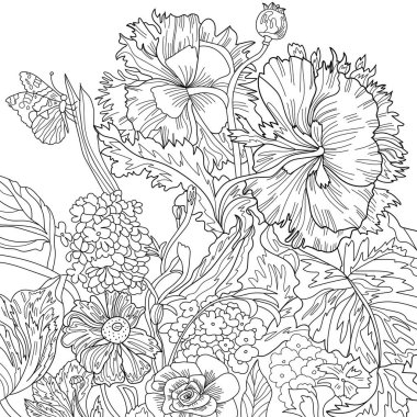 Çiçek desenli doku, çiçek desenli renkler ve kelebek deseni. 