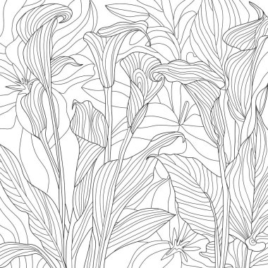 Siyah beyaz çizim, çiçek desenli pürüzsüz doku, çiçeklerle renklendirme 