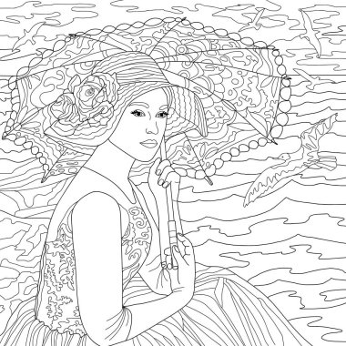 Renkli resim, şemsiye tutan kadının sanat çizimi 