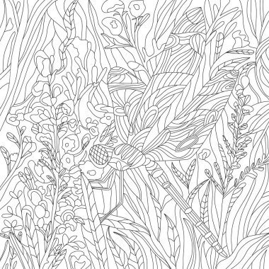 Çiçek desenli kusursuz doku, çiçeklerle renklendirme ve yusufçuk sineği. 