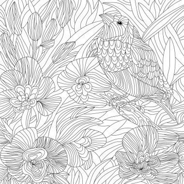 Çiçek desenli kusursuz doku, çiçeklerle renklendirilmiş resim ve küçük serçe kuşu. 