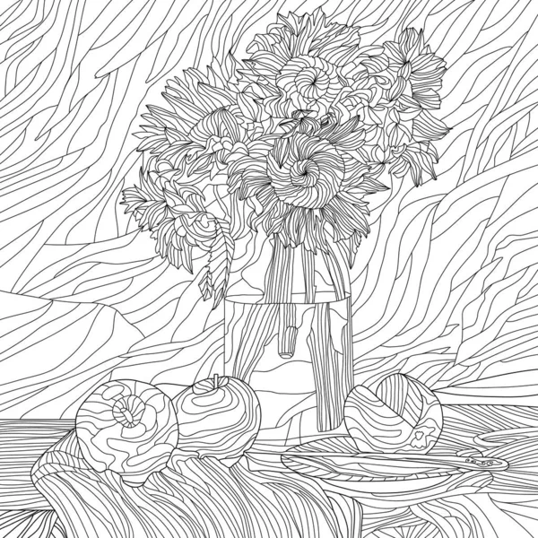 テーブルの上の食べ物のぬり絵 花の花瓶 — ストック写真