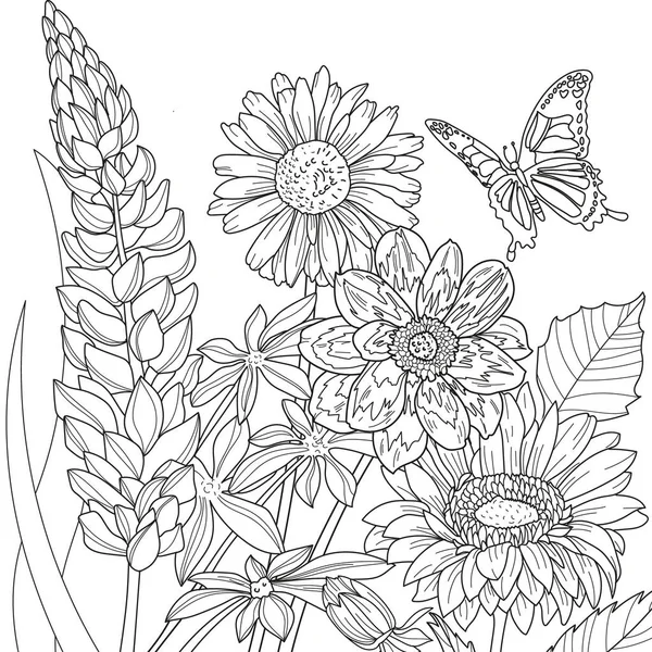 Ilustración Para Colorear Con Flores Mariposa — Foto de Stock