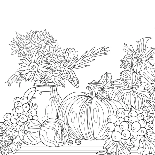 Kolorowanki Ilustracja Obraz Żywności Stole Kwiaty Wazonie — Zdjęcie stockowe