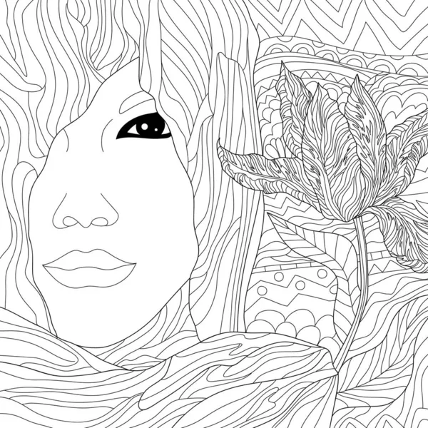 Coloring Picture Art Illustration Woman Face Floral Petals Flowers — Stock Photo, Image