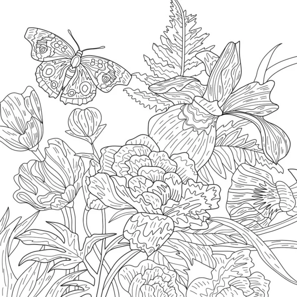 Ilustración Para Colorear Con Flores Mariposa —  Fotos de Stock