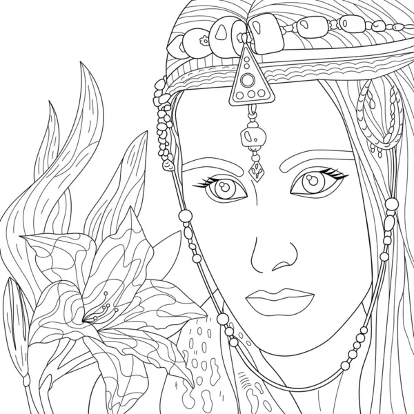 Coloring Picture Art Illustration Woman Face Girl Wearing National Accessoires — Stock Photo, Image
