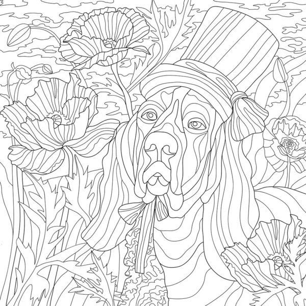 Kleurplaat Illustratie Dierlijke Kunst Van Hond Weide Met Bloemen Bloemblaadjes — Stockfoto