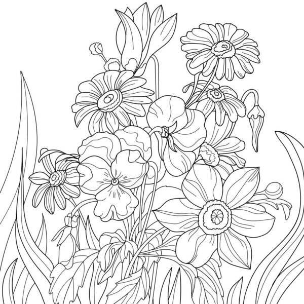 черно-белый рисунок, бесшовная текстура с цветочным узором, раскраска иллюстрации с цветами 