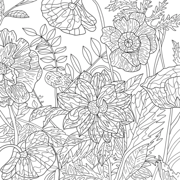 Dibujo Blanco Negro Textura Sin Costuras Con Patrón Floral Ilustración — Foto de Stock