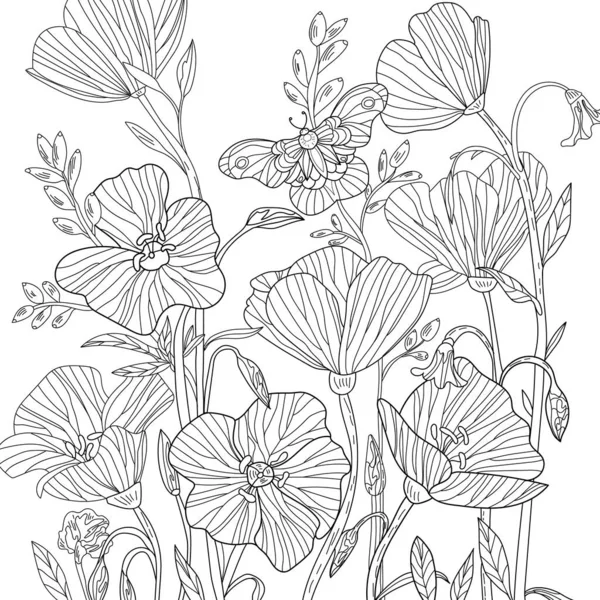 Υφή Floral Σχέδιο Χρωματισμός Εικονογράφηση Λουλούδια Και Πεταλούδα — Φωτογραφία Αρχείου