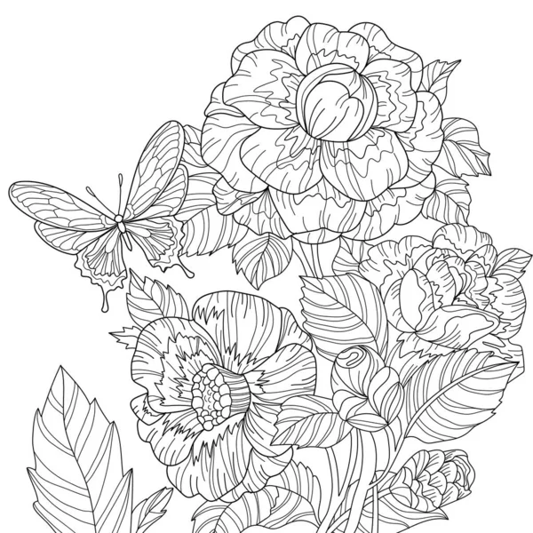 Czarny Biały Bezszwowa Tekstura Kwiatowym Wzorem Kolorowanki Ilustracja Kwiatami — Zdjęcie stockowe