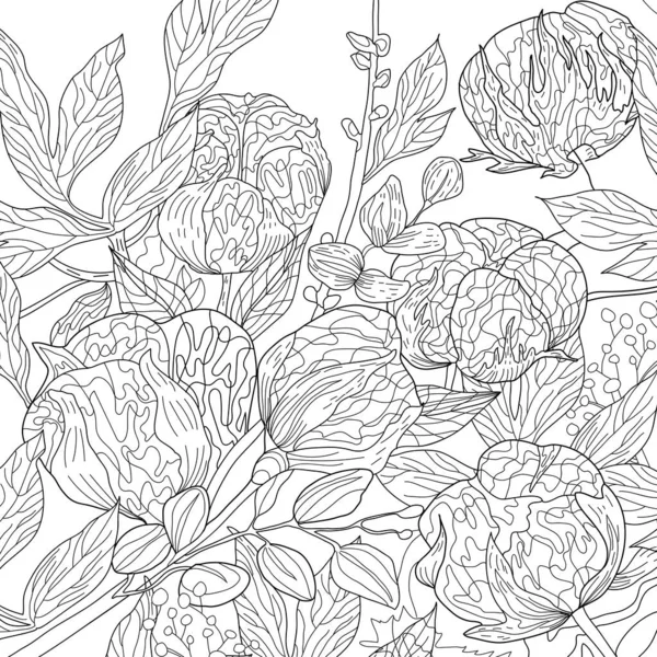 Μαύρο Λευκό Απρόσκοπτη Υφή Floral Σχέδιο Χρωματισμός Εικονογράφηση Λουλούδια — Φωτογραφία Αρχείου