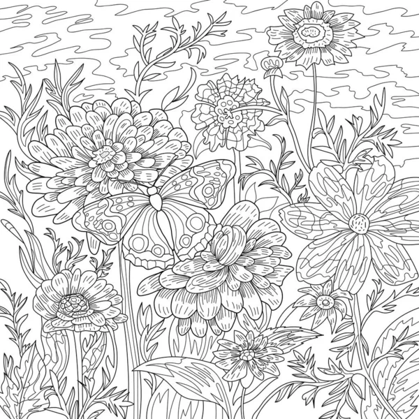 Konsistens Med Blommönster Färgläggning Illustration Med Blommor Och Fjäril — Stockfoto