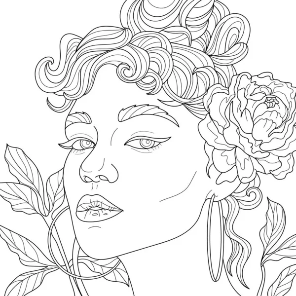 Desenho Para Colorir Ilustração Arte Rosto Mulher Pétalas Florais Flores — Fotografia de Stock