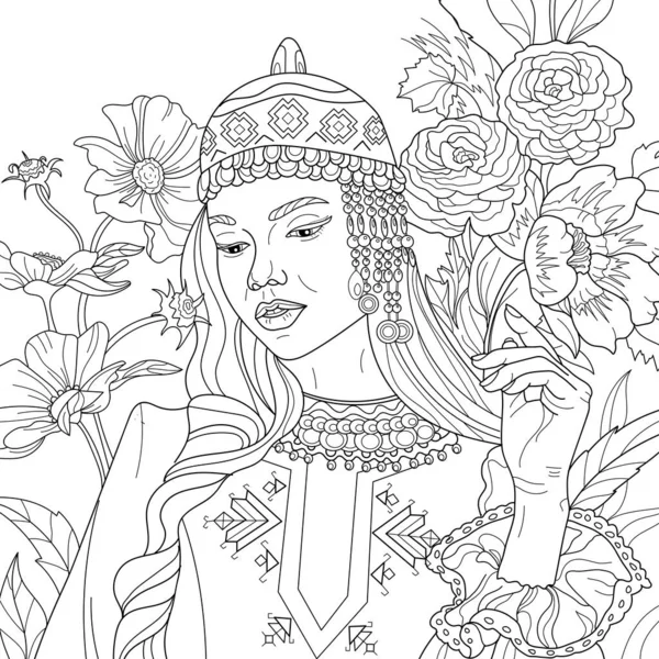 Immagine Colorare Illustrazione Arte Della Donna Cappello Etnico Accessori — Foto Stock