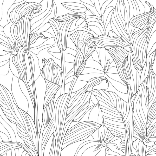 Dibujo Blanco Negro Textura Sin Costuras Con Patrón Floral Ilustración —  Fotos de Stock