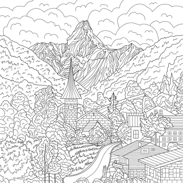 Dibujo Para Colorear Ilustración Con Montañas Paisaje Casas Pueblo —  Fotos de Stock