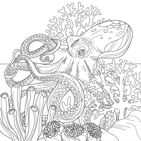 Море Під Водою Розмальовка Ілюстрація Зображення Тварини Восьминіг — стокове фото