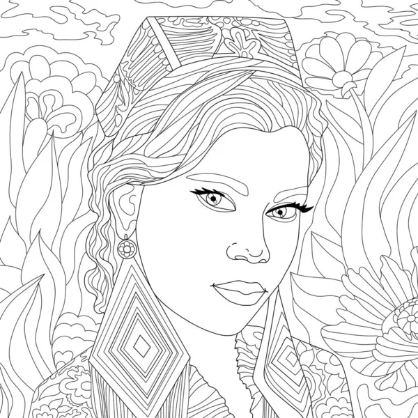 Coloring picture, art illustration of woman face