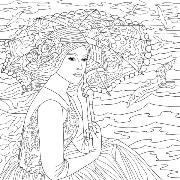 Färbung Bild Kunst Illustration Der Frau Mit Regenschirm — Stockfoto