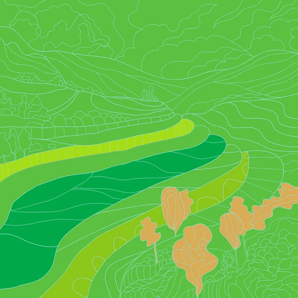 Ilustrační Obrázek Zelená Krajina Kopci Flórou — Stock fotografie