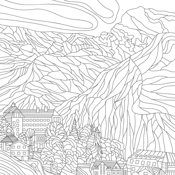 Coloriage Illustration Photo Avec Des Montagnes Paysage Maisons Village — Photo