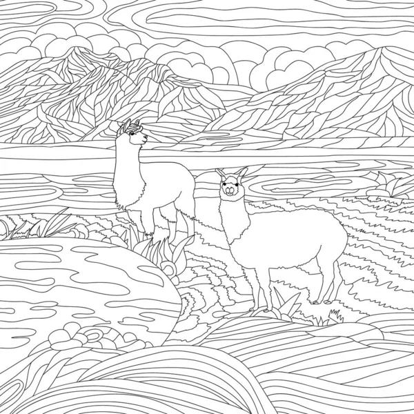 Coloriage Illustration Photo Avec Paysage Montagnes Animaux Lamas Dans Prairie — Photo