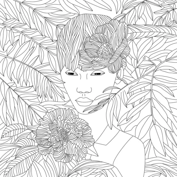 Färgläggning Bild Konst Illustration Kvinna Ansikte Blommor — Stockfoto