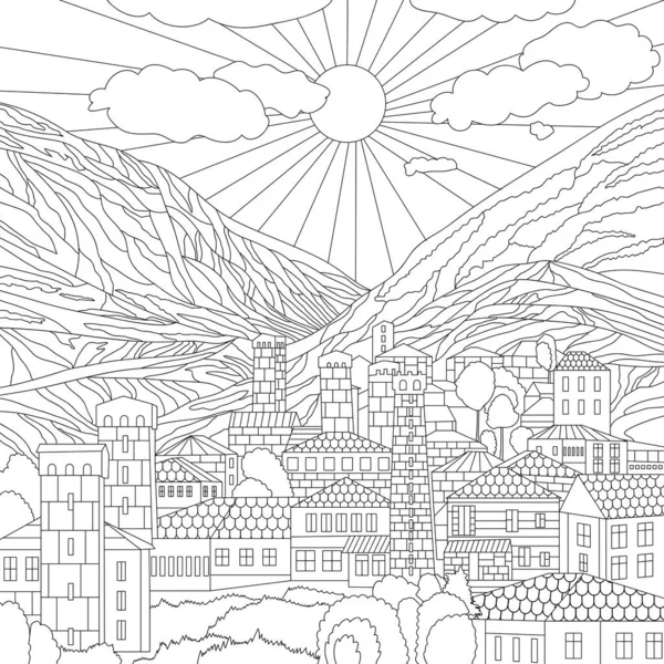 Desenho Ilustração Para Colorir Com Montanhas Paisagem Sol Casas Aldeia — Fotografia de Stock