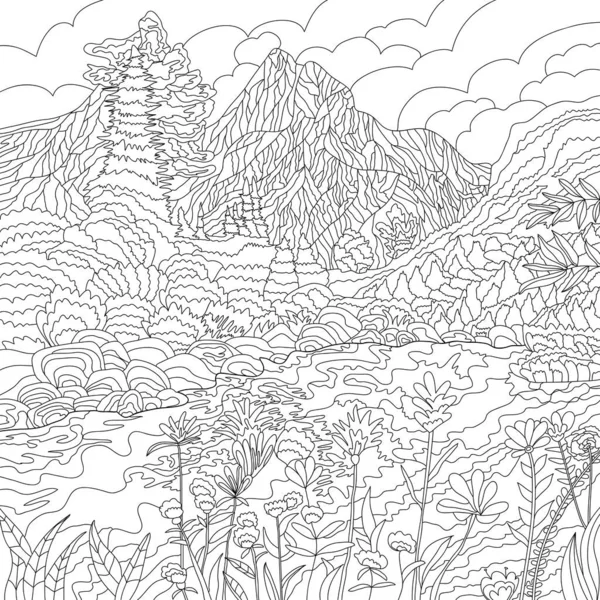 Απρόσκοπτη Υφή Floral Σχέδιο Χρωματισμός Εικονογράφηση Βουνά Τοπίο — Φωτογραφία Αρχείου
