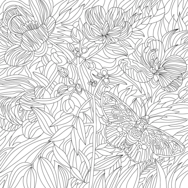 Sömlös Konsistens Med Blommönster Färgläggning Illustration Med Blommor Och Fjäril — Stockfoto