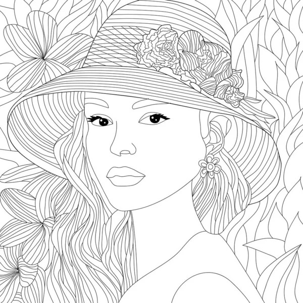 Immagine Colorare Illustrazione Arte Viso Cappello Fiori Donna — Foto Stock