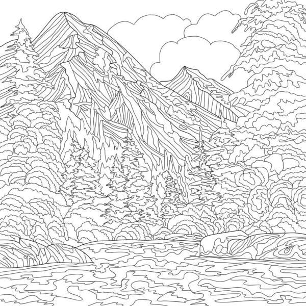 Coloriage Illustration Photo Avec Paysage Montagnes — Photo