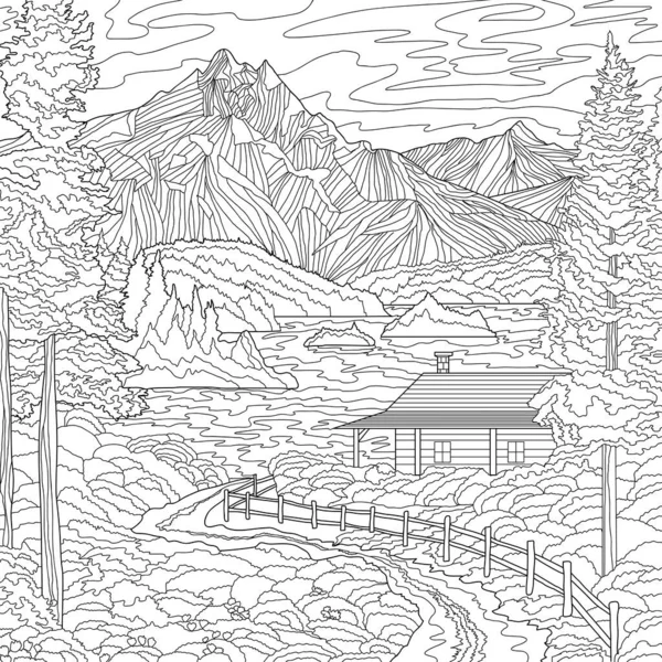 Dibujo Para Colorear Ilustración Con Montañas Paisaje Casa Pueblo — Foto de Stock