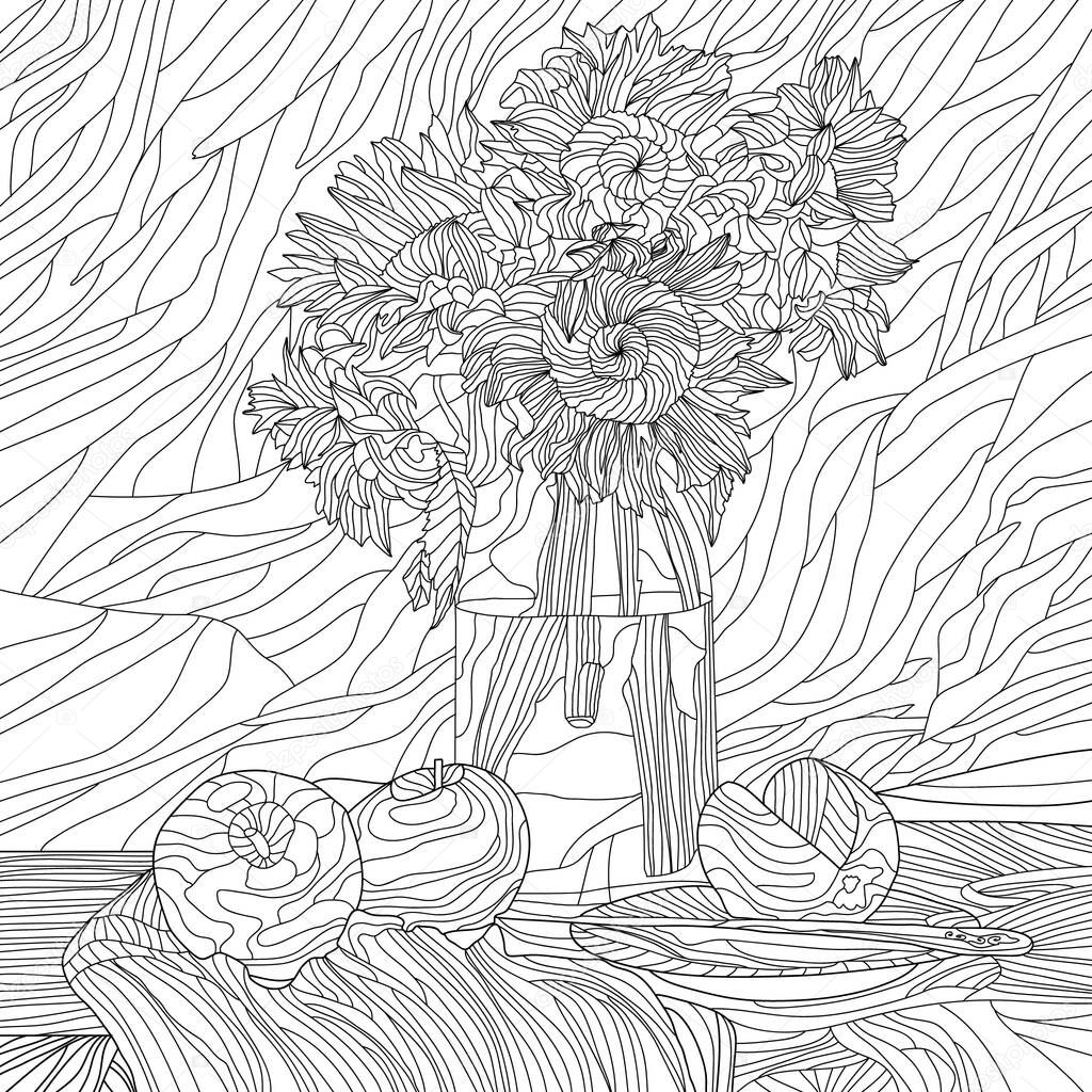 Coloring illustration picture of food on table, vase with flowers 