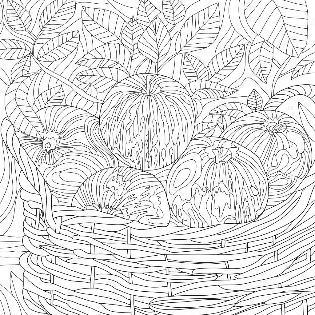 Coloring illustration picture of food on table, apples in bowl 