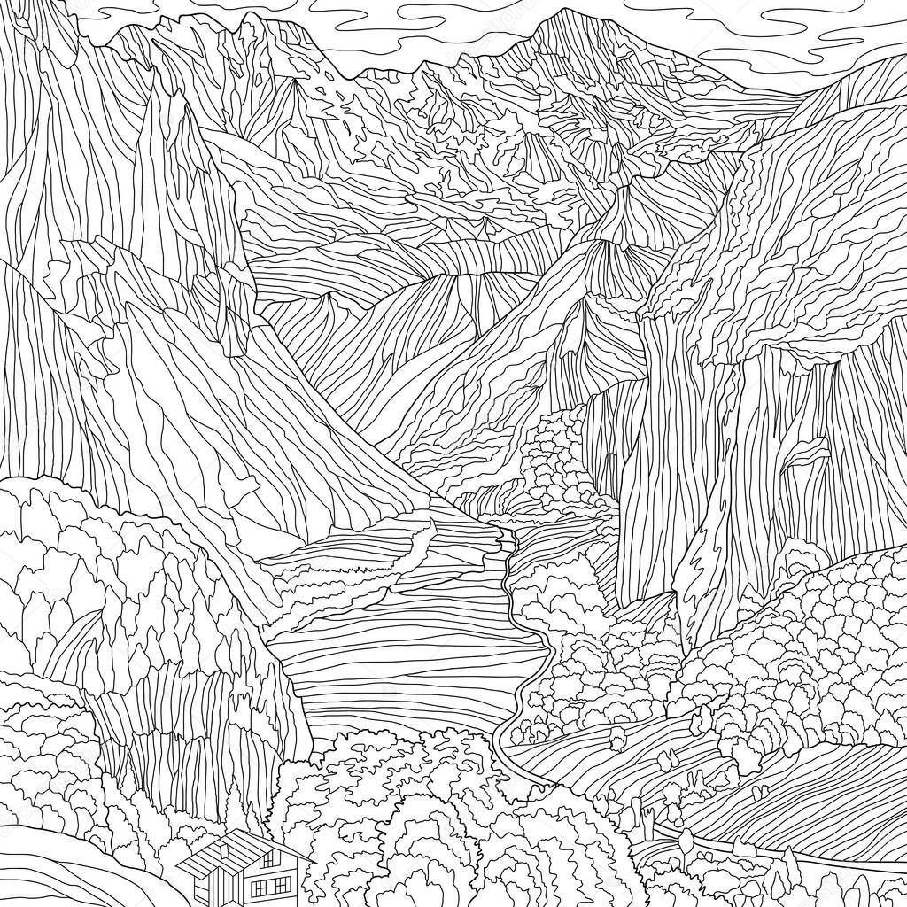 Coloring illustration with mountains landscape 