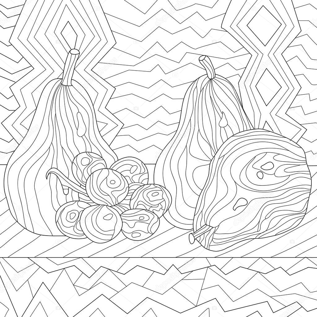 Coloring illustration picture of food on table, fruits 